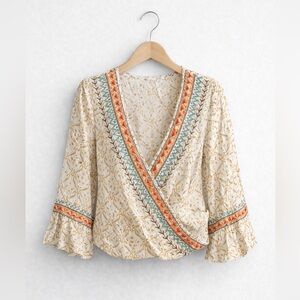 Ivy Jane Boho Surplice Top Embroidered Bell Sleeve Cream Size M Festival